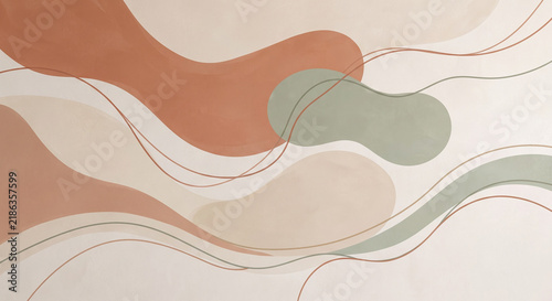 Abstract pastel painting with fluid organic shapes, terracotta and sage green tones on a soft textured background