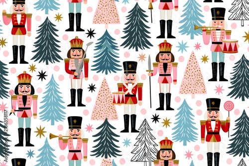 Christmas nutcracker toy soldiers and festive pine trees seamless pattern