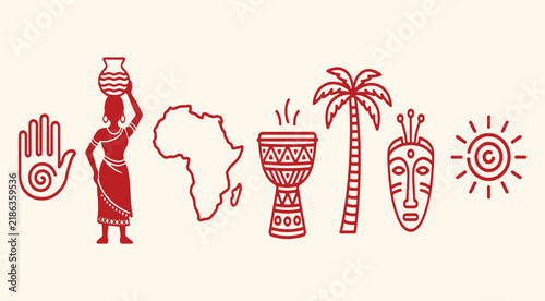 African cultural icons set, red tribal vector symbols, traditional ethnic elements including mask and djembe drum