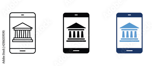 Mobile banking app icon with smartphone and bank symbol representing online finance, electronic payments, money transfers, digital transactions, and modern banking