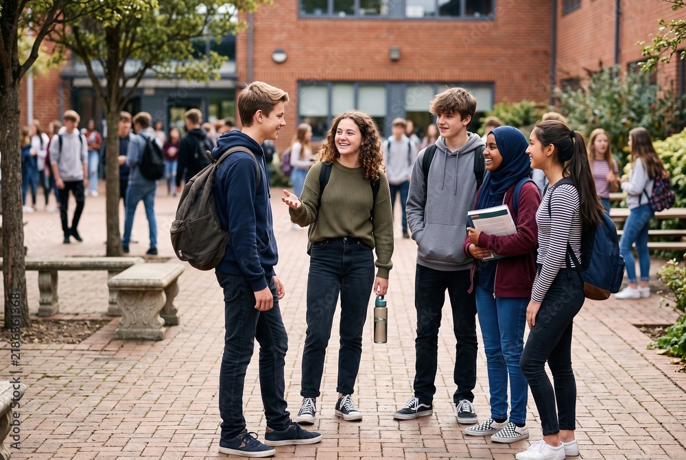 Obraz premium A group of teenagers stands in a school courtyard during lunchtime. They are engaged in conversation, smiling and laughing together. Other students can be seen in the background