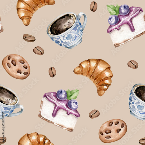 Watercolor seamless pattern with sweets and coffee. Hand painted desserts:cake, croissant,chocolate cookie.Cup of coffe and coffee beans.Endless fabric design with tasty food