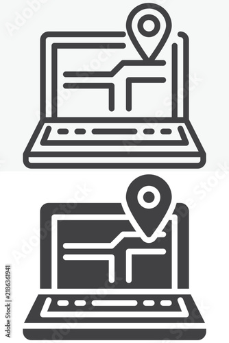 Laptop map pin icon set with computer screen, road and location marker. Line outline and solid icon in different style, editable stroke vector sign and symbol.