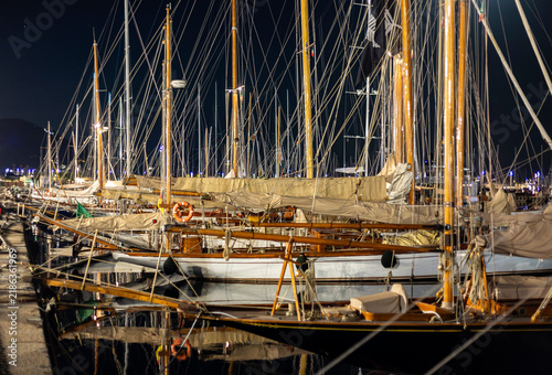 Classic Wooden Sailboats Moored at Imperia Harbor Night Liguria