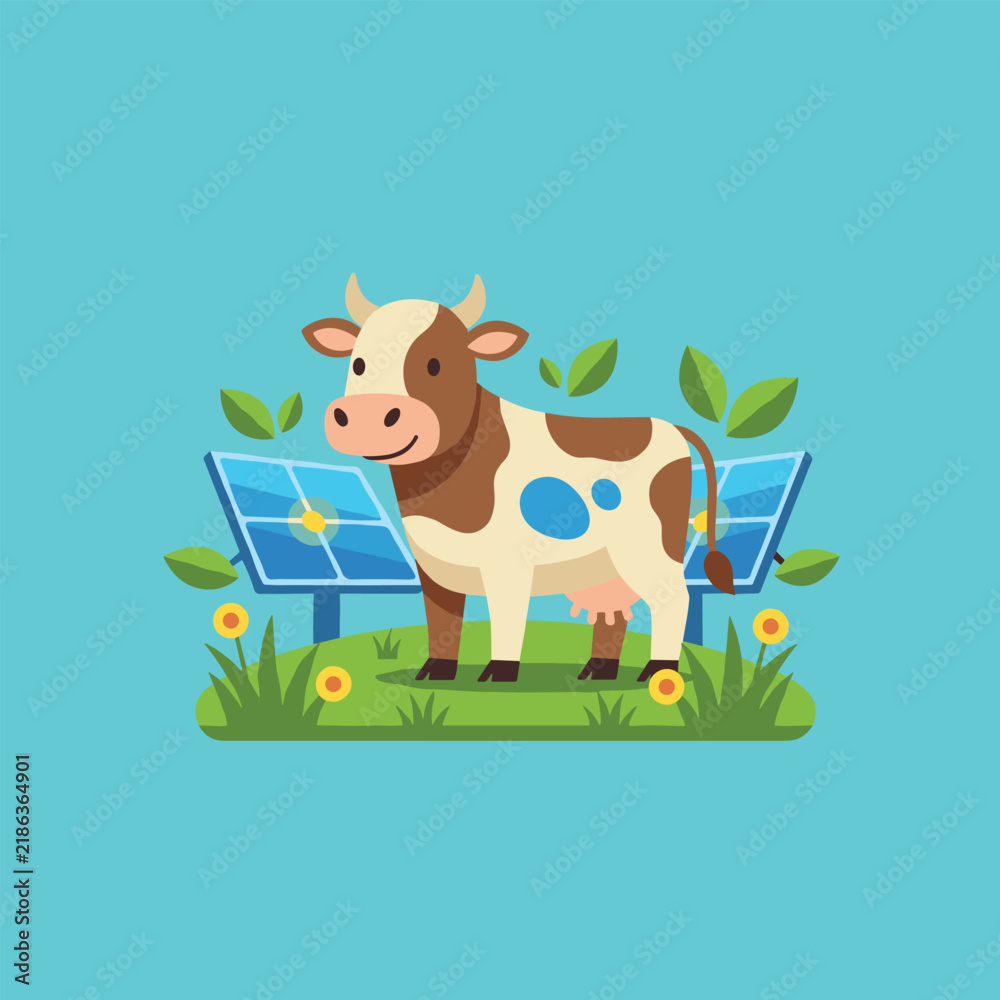 Naklejka premium Cheerful cartoon cow standing peacefully in a lush green field with flowers and solar panels, symbolizing sustainable agriculture.