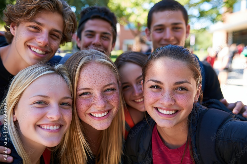 Fototapeta premium Group of six young adults smiling together in campus courtyard