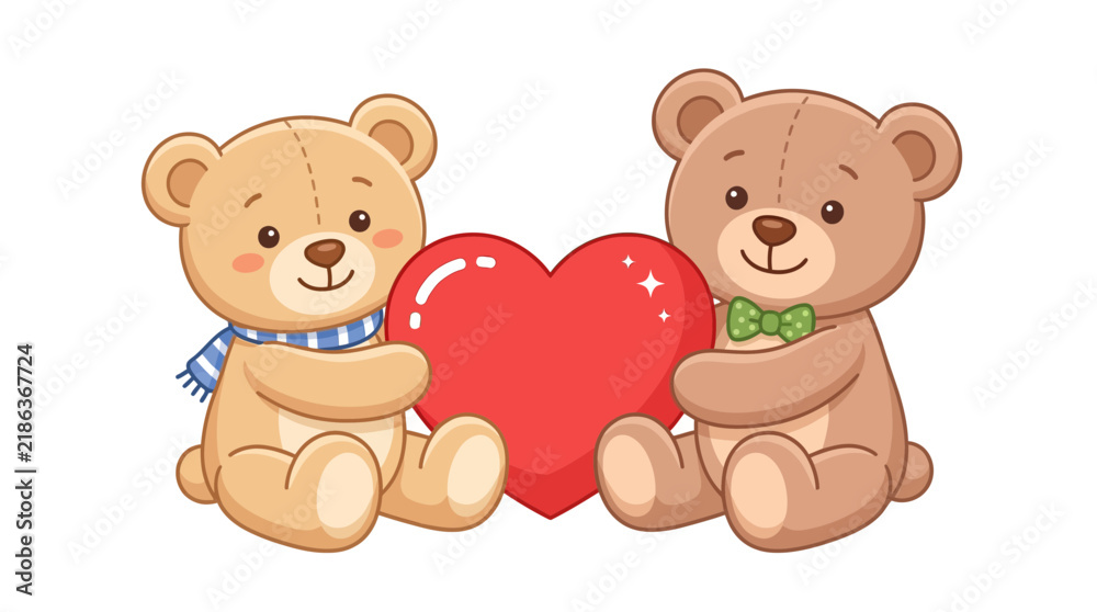 Fototapeta premium Two cute teddy bears holding a large red heart together on white background