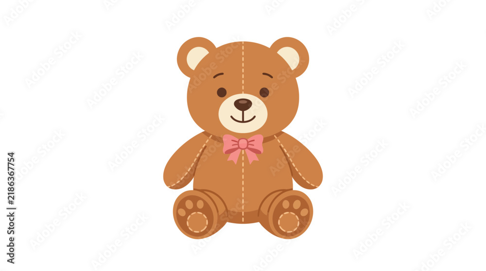 Fototapeta premium Brown plush teddy bear with a pink bow sitting upright on a white background