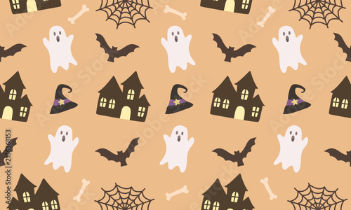 Cute Halloween Seamless Pattern with Ghosts Bats Haunted Houses Witch Hats and Spider Webs 