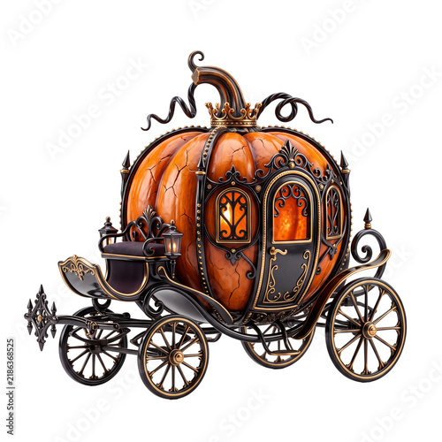 Elegant Halloween pumpkin carriage in aged dark bronze with ornate vines, glowing orange lantern windows, whimsical gothic fantasy design