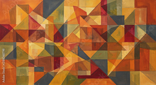 Abstract geometric oil painting featuring a warm color palette of overlapping triangles and squares in a complex mosaic composition