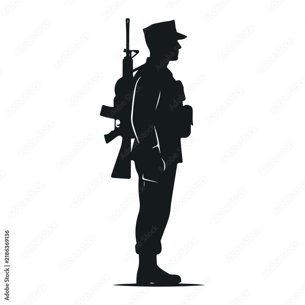 Obraz premium Military warrior soldier silhouette standing with rifle in army infantry uniform man