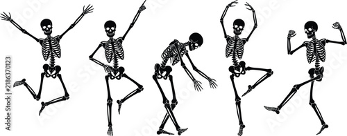 Картината върху платно Dancing skeleton silhouette vector set featuring spooky human bony characters j