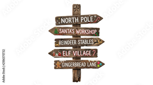 Christmas directional signpost pointing to North Pole Santa's Workshop Elf Village Gingerbread Lane PNG Isolated on transparent background