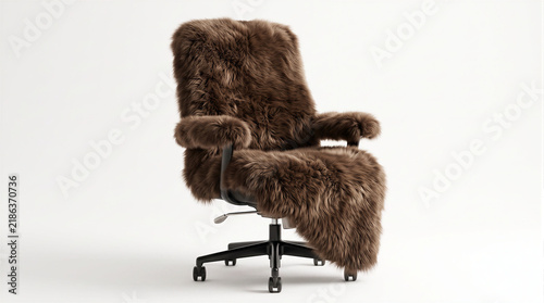 Plakat w ramie Executive office chair fully covered in thick animal fur, conceptual 3D render representing corporate jungle, primal instincts, executive power, luxury status and animal skin use.