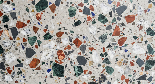 Vibrant Terrazzo Surface Texture with Multi-Colored Stone Fragments for Modern Interior Design Backgrounds and Decorative Architectural Finishes