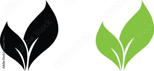 Green and black leaf vector icon set with pair of sprout leaves for eco nature and organic logo EPS