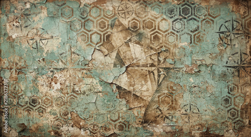 Vintage Grunge Wall Texture with Distressed Geometric Hexagons and Peeling Turquoise Plaster Abstract Background