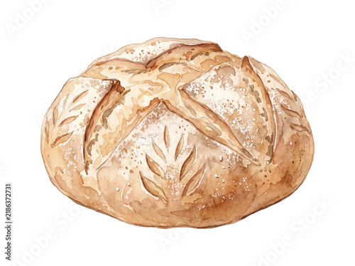 Freshly baked artisan sourdough bread loaf with wheat stalk pattern sourdough homemade nutrition carbohydrate culinary watercolor isolated