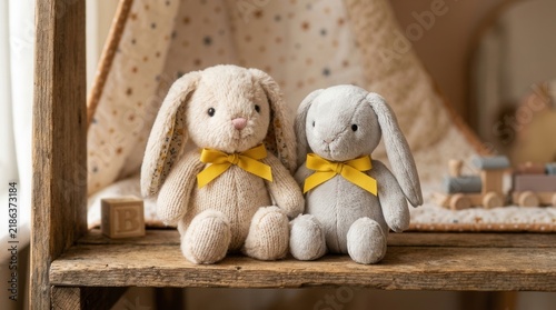 Naklejka Two Adorable Stuffed Bunnies Sit Together On A Wooden Shelf With Toys