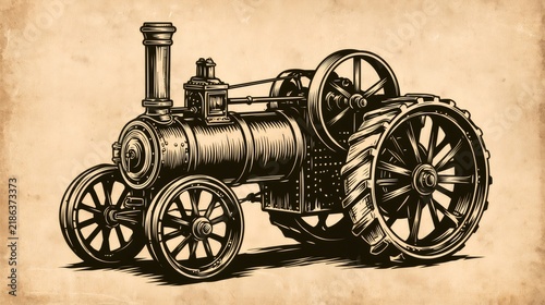 Vintage steam traction engine on rustic background illustration