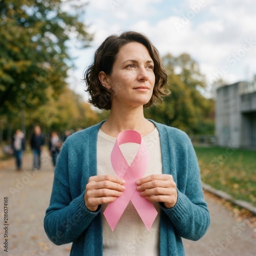 Woman Holding Pink Ribbon Symbol Of Breast Cancer Awareness Hope