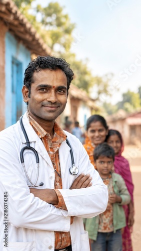 Rural Indian doctor examining a young child during a community health visit with mother nearby