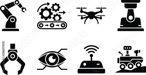 Industrial Robotics Automation and Artificial Intelligence Technology Black Silhouette Vector Icon Set Collection