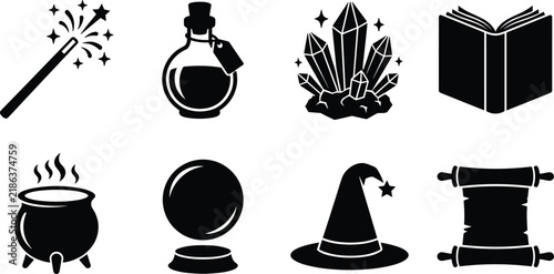 Magic and Sorcery Icon Set Featuring Magic Wand Potion Bottle Crystals and Wizard Elements