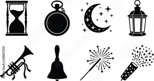 New Year Eve Celebration Icon Set Isolated on White Background