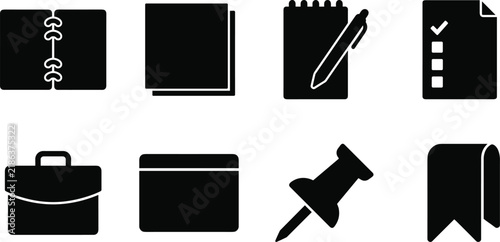 Office Supplies and Stationery Black Silhouette Icon Set Featuring Notebook Notepad Checklist Briefcase Pushpin and Ribbon