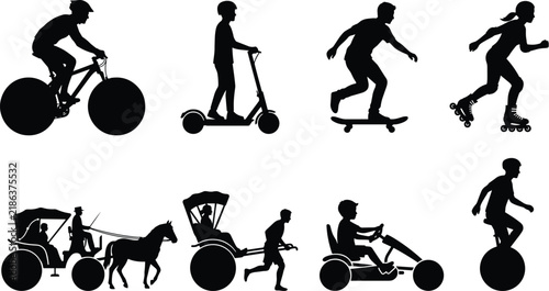 Outdoor Active Transportation and Recreation Silhouette Set Featuring Bicycle Scooter Skateboard and Rickshaw