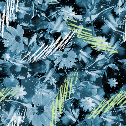 seamless watercolor pattern of plants. Herbs, flowers, chamomile, flowers watercolor. abstract splash of paint. flowers sunflower, leaves, calendula.drawing of calendula, marigolds.pastel drawing.