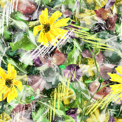 seamless watercolor pattern of plants. Herbs, flowers, chamomile, flowers watercolor. abstract splash of paint. flowers sunflower, leaves, calendula.drawing of calendula, marigolds.pastel drawing.