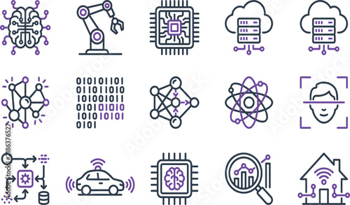 Artificial Intelligence Icon Set with Machine Learning Digital Brain Robotic Arm Face Scanner and Cloud Data Symbols Vector Illustration for Tech App Interface Designs