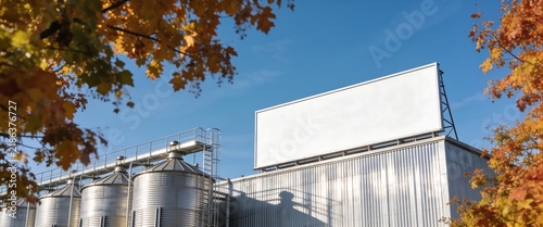 Large empty billboard on industrial factory building roof under blue sky in autumn