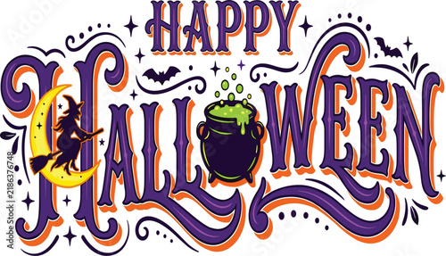 Vintage Happy Halloween Typographic Banner with Witch Flying Past Crescent Moon and Bubbling Green Cauldron Vector Illustration for Decorative Holiday Party Card Designs