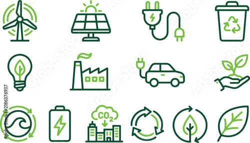 Ecology and Renewable Energy Icon Set with Wind Turbine Solar Panel Electric Car Recycling Bin and Green Factory Symbols Vector Illustration for Sustainability Web Designs