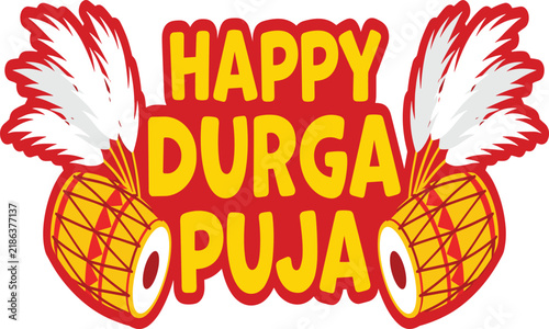 Happy Durga Puja Typographic Sticker Label with Traditional Dhak Drum Elements and White Feathers Vector Illustration for Indian Festival Greeting Banner Graphics