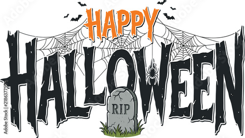 Spooky Happy Halloween Creepy Wood Texture Typographic Text Design with Tombstone Spiderweb and Flying Bats Vector Illustration for Holiday Event Invitation Banners