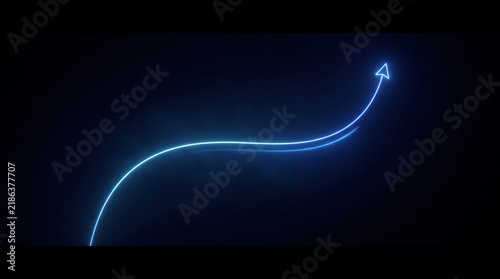 Glowing blue neon arrow pointing upward, curved light trail on dark background, business growth and success concept