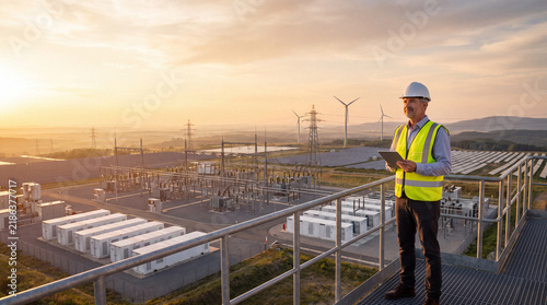 Professional engineer overseeing electrical power grid infrastructure for renewable energy projects at sunset with positive outlook