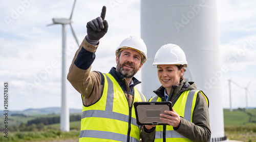 Professional engineer technician team working beside wind turbine farm holding tablet device looking confident and happy during inspection
