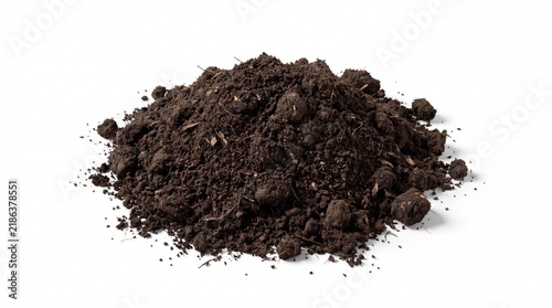 A pile of dark brown soil with small clumps and particles scattered on a white background