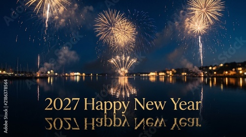 2027 Happy New Year fireworks over harbor, golden pyrotechnic display reflecting in water, festive coastal city celebration