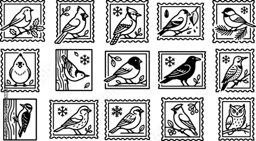 Winter bird postage stamps with black line art illustrations for postal crafts.