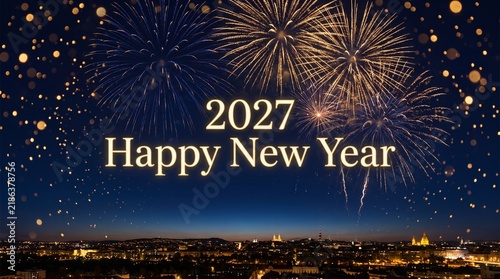 2027 Happy New Year celebration background, festive fireworks over city skyline, golden holiday text with bokeh lights