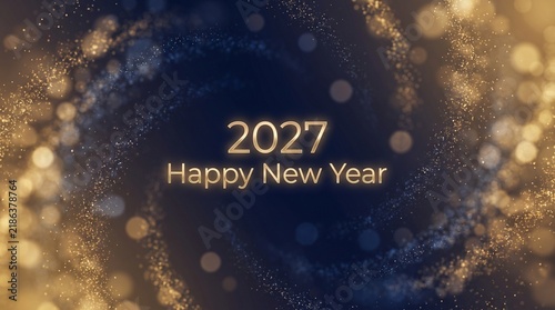 Happy New Year 2027 greeting, elegant gold glitter spiral on dark background, festive holiday celebration banner with bokeh