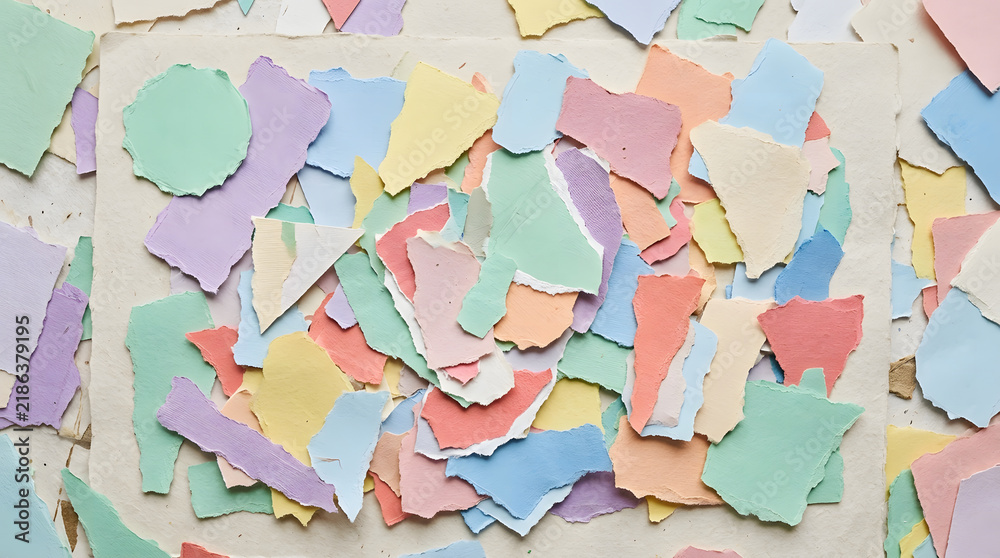 Fototapeta premium Collage background with scattered pieces of pastel colored torn paper
