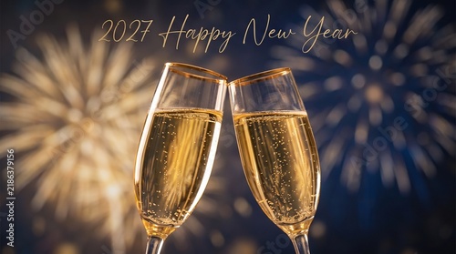 2027 Happy New Year celebration, champagne glasses clinking with fireworks, festive holiday toast with sparkling wine